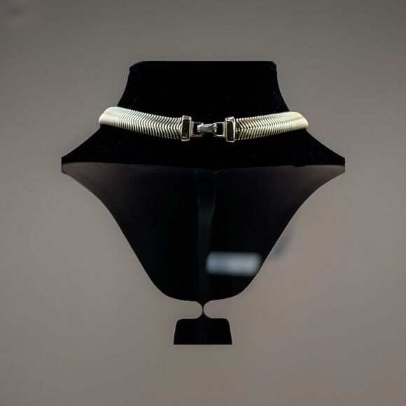 Vintage Gold Tone Collar Necklace With Ivory Chevron Accent, 1980s Statement - Picture 4 of 5